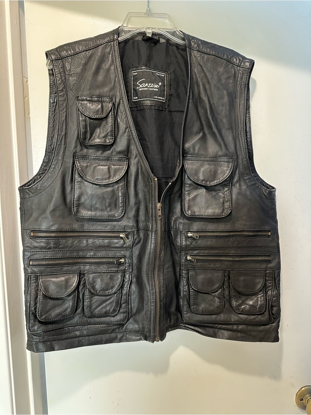 Vintage Sanzzini Black Leather Biker Vest Size Large 100% Leather Rare